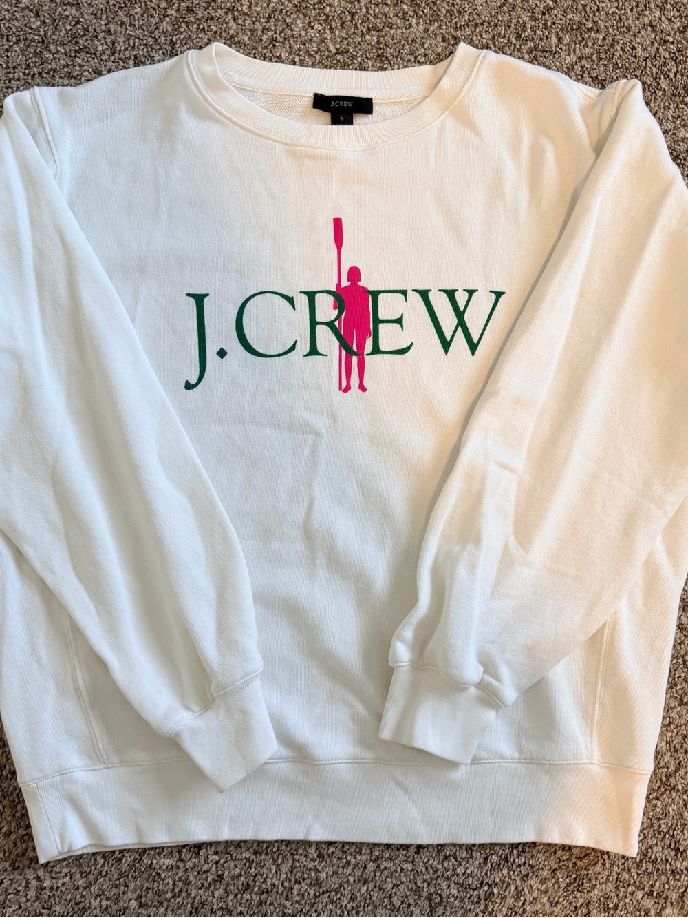J. Crew White Crewneck Sweatshirt with Green Logo and Pink Rowing Graphic